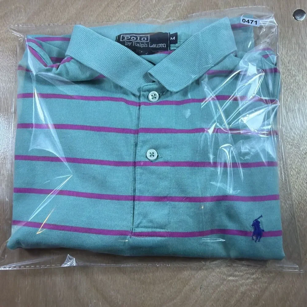 Vintage Polo Ralph Lauren Retro Stripped Made USA 100% Cotton Polo Turquoise M